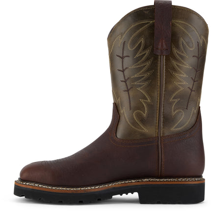 Full-grain leather Western work boot with waterproof protection, steel toe safety, and Goodyear welt construction.