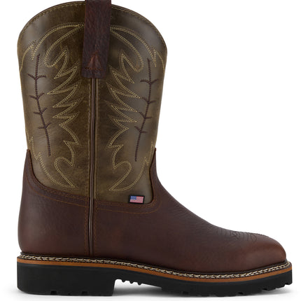 Men’s Western style waterproof work boot with square steel toe and rugged leather upper, made for safety and long wear.
