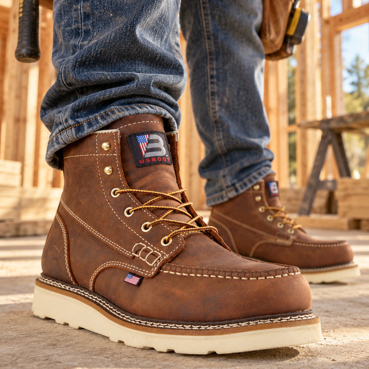 Worker wearing brown US Boot Bravo moc-toe boots with cream wedge soles inside a timber-framed construction site.