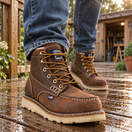 Brown US Boot Driftlock boots with water droplets and cream wedge soles on a wet wooden deck.