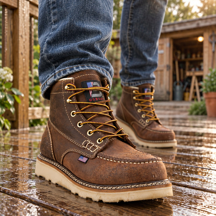 Brown US Boot Driftlock boots with water droplets and cream wedge soles on a wet wooden deck.