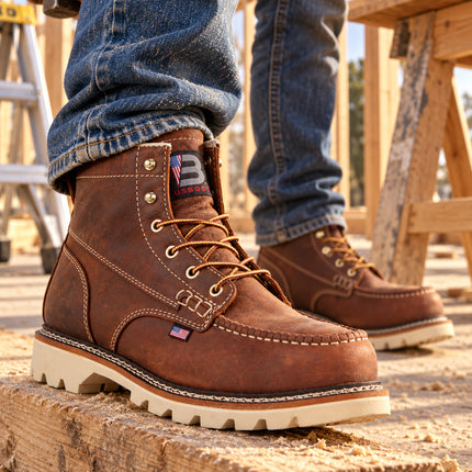 Worker wearing brown US Boot Alpha moc-toe boots with cream lug soles, one foot resting on a timber beam.