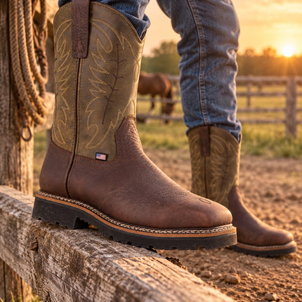 Brown and olive US Boot Western boots with decorative shaft stitching, one foot resting on a ranch fence rail at sunset.