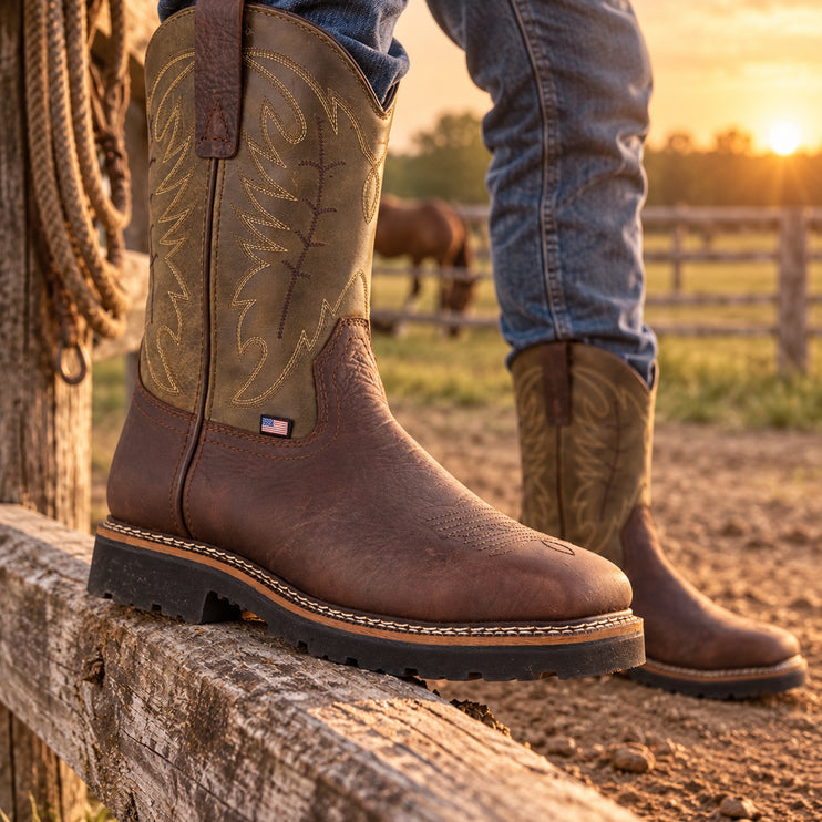 Brown and olive US Boot Western boots with decorative shaft stitching, one foot resting on a ranch fence rail at sunset.