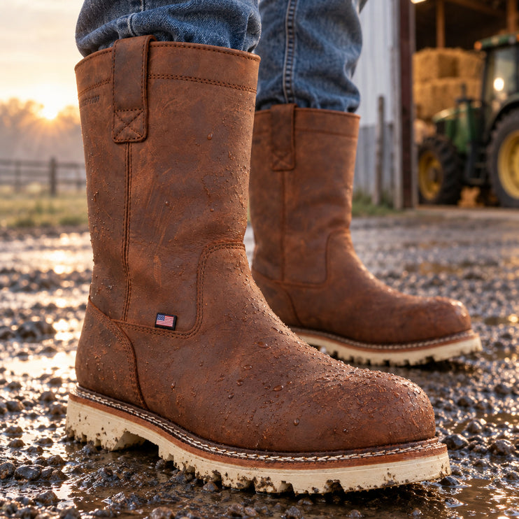 Worker wearing tall brown US Boot Condor pull-on boots on wet gravel outside a barn at sunrise.