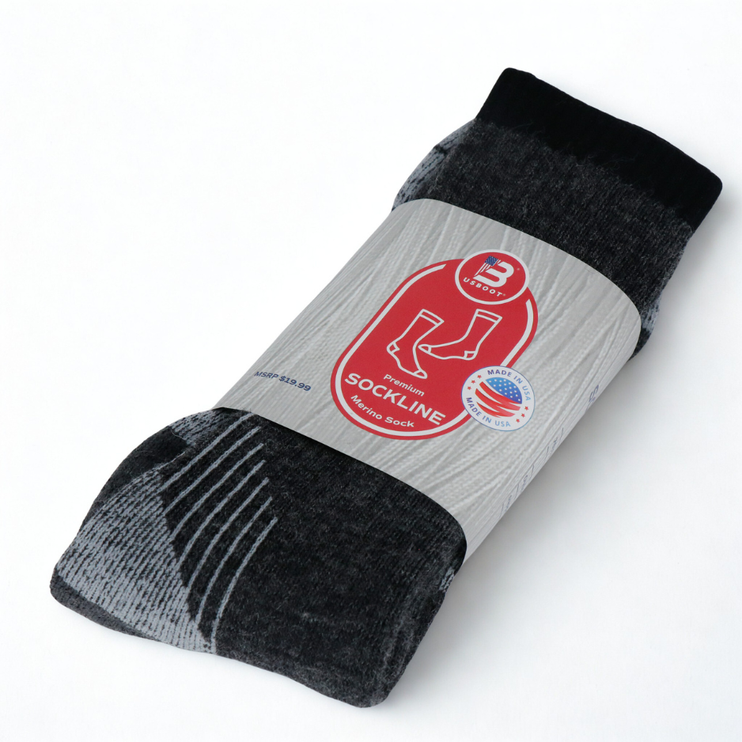 US Boot Premium Merino Sock, grey and black, wrapped in a paper band