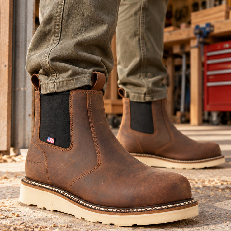 Brown US Boot Logan Chelsea boots with black elastic panels and cream wedge soles at a woodworking shop entrance.
