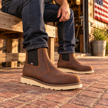 Seated craftsman wearing brown US Boot James Chelsea boots with cream wedge soles outside a workshop in warm evening light.