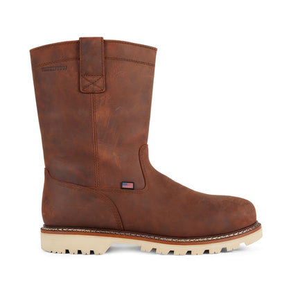 Side view of US Boot Condor Wellington 10" Waterproof Work Boot Style 27291, Crazy Horse leather upper, defined heel, slip and oil resistant resoleable outsole, electrical hazard rated