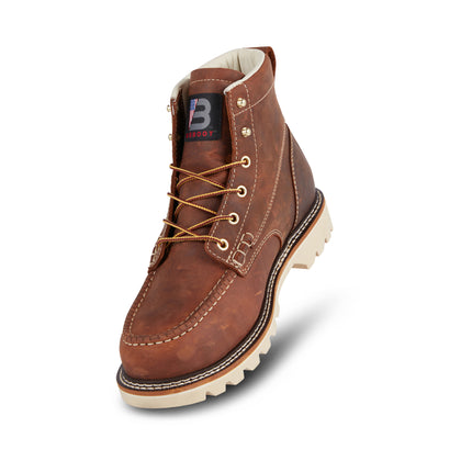 Angled front view of US Boot Alpha Composite Safety Toe Boot Style 27289, Crazy Horse leather develops rugged patina, non-metallic shank, Lunar Comfort lining, all-day cushioning