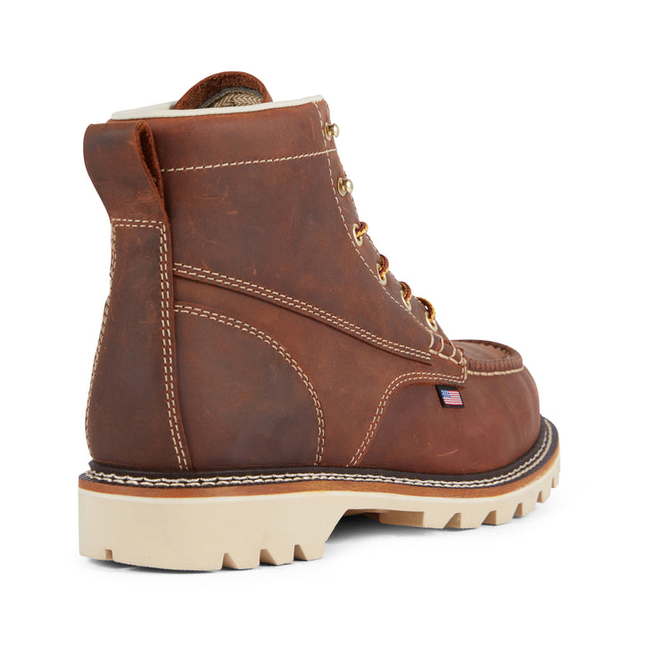 Angled back view of US Boot 6" Alpha Composite Toe Work Boot Style 27289, Goodyear welt construction, heat resistant rubber outsole, defined heel, built for tough jobsite conditions