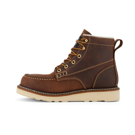 Side view of US Boot Driftlock Soft Toe Waterproof Work Boot, Crazy Horse leather upper, Lunar Comfort lining, slip and oil resistant SRO resoleable outsole, electrical hazard rated