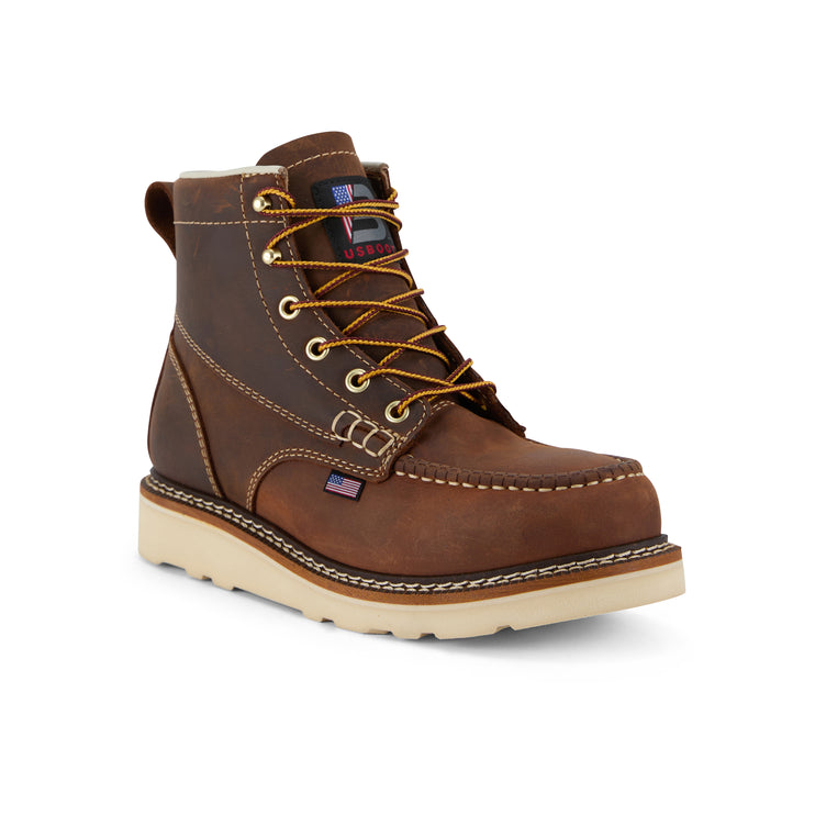 Angled back view of US Boot Driftlock Waterproof Work Boot, Crazy Horse leather, Dual Fit D and EE width technology, slip oil resistant SRO outsole, superior traction tough conditions