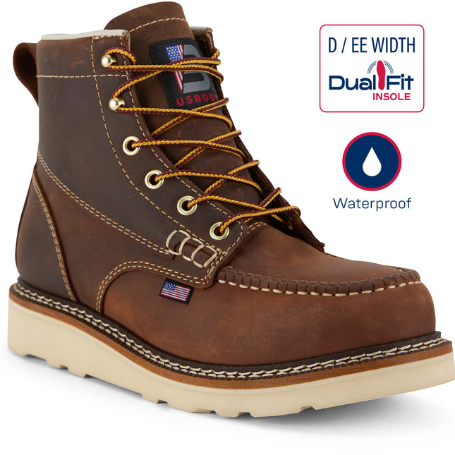 Brown work boot with yellow laces on a white background, featuring DualFit and waterproof labels.