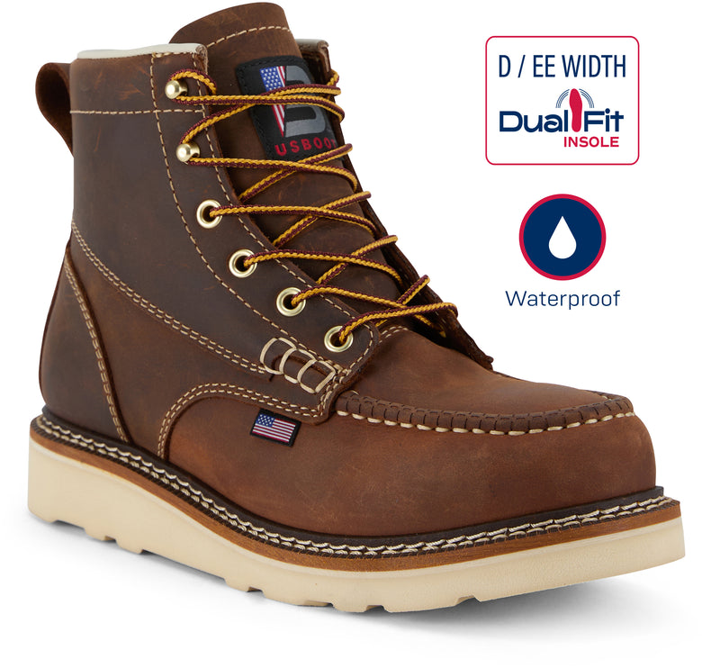 Brown work boot with yellow laces on a white background, featuring DualFit and waterproof labels.
