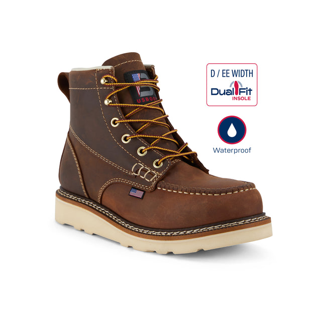 Brown US Boot 6" Driftlock Soft Toe Waterproof Work Boot, Crazy Horse leather, Dual Fit Technology D and EE widths, Goodyear welt construction, ASTM F2892-24 EH SRO, made in USA