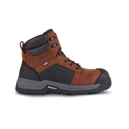 Brown and black boot with visible branding on a white background
