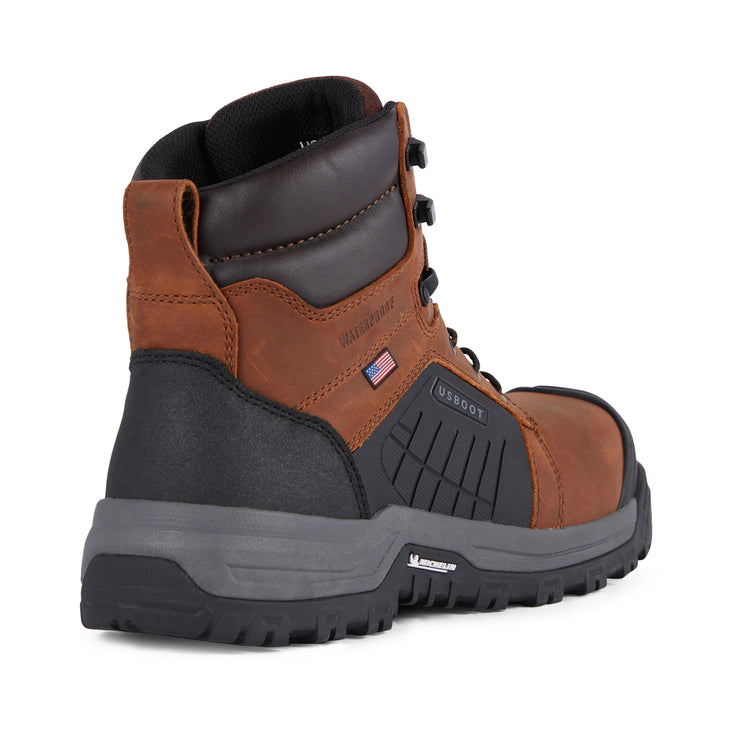 Side view of US Boot Handler 6" Waterproof Work Boot Style 3247, Crazy Horse leather upper, cement construction, defined heel, Michelin slip and oil resistant outsole