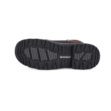 Bottom view of US Boot Handler Waterproof Work Boot Style 3247, Soles by Michelin slip oil and heat resistant rubber outsole, defined heel, dependable traction for tough job sites