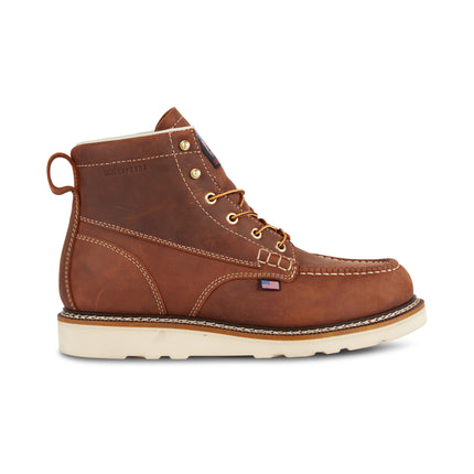 Side view of US Boot Bravo Wedge Sole Composite Safety Toe Work Boot Style 27286, Bronze Brown Crazy Horse leather, Smartmask PU wedge outsole, slip and oil resistant, American Foundational Series