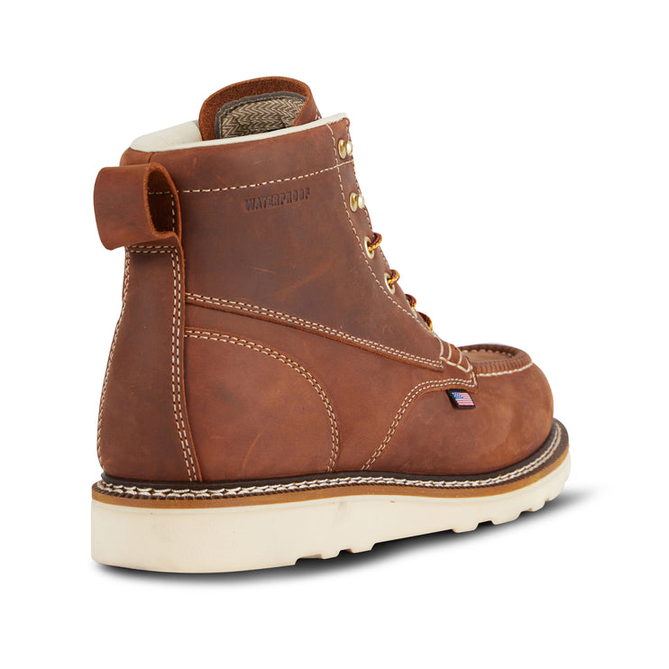 Back view of US Boot Bravo Wedge Sole Composite Safety Toe Work Boot Style 27286, Bronze Brown Crazy Horse leather, Goodyear welt resoleable construction, made in USA globally sourced components