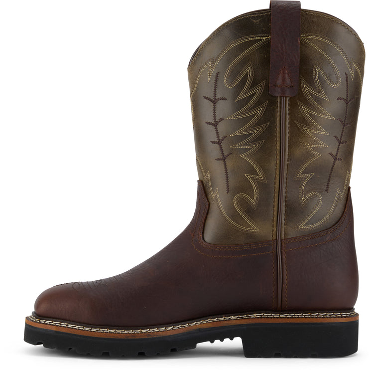 Full-grain leather Western work boot with waterproof protection, steel toe safety, and Goodyear welt construction.