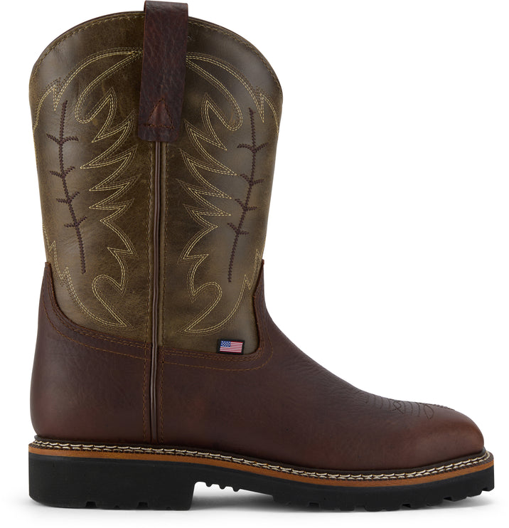 Men’s Western style waterproof work boot with square steel toe and rugged leather upper, made for safety and long wear.