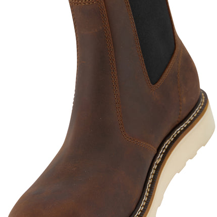 Men’s soft toe waterproof work boot with slip- and oil-resistant outsole and Goodyear welt construction.
