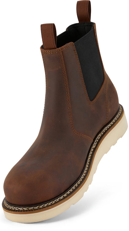 Men’s soft toe waterproof work boot with slip- and oil-resistant outsole and Goodyear welt construction.