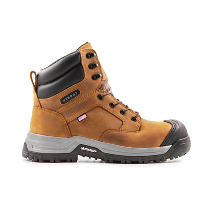 Side view of US Boot Echo Composite Safety Toe Work Boot, Sand Brown Crazy Horse leather upper, Michelin M1000 slip and oil resistant outsole, cement construction, electrical hazard rated