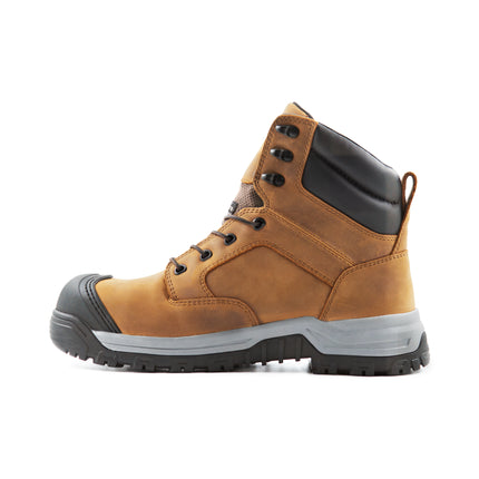 Side view of US Boot Echo Composite Safety Toe Work Boot, Sand Brown Crazy Horse leather upper, Michelin M1000 slip and oil resistant outsole, cement construction, electrical hazard rated