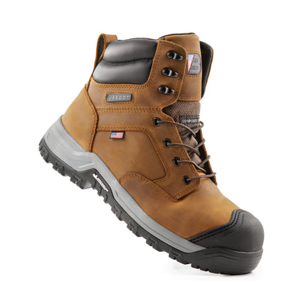 Angled front view of US Boot Echo Composite Toe Work Boot, American Road Grip Series, Sand Brown Crazy Horse leather, EVA cushion midsole, composite shank, all-day stability and comfort