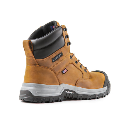 Angled back view of US Boot Echo Men's Work Boot, Sand Brown Crazy Horse leather, Smartmask removable polyurethane shock-absorption insole, composite shank, cement construction flexibility