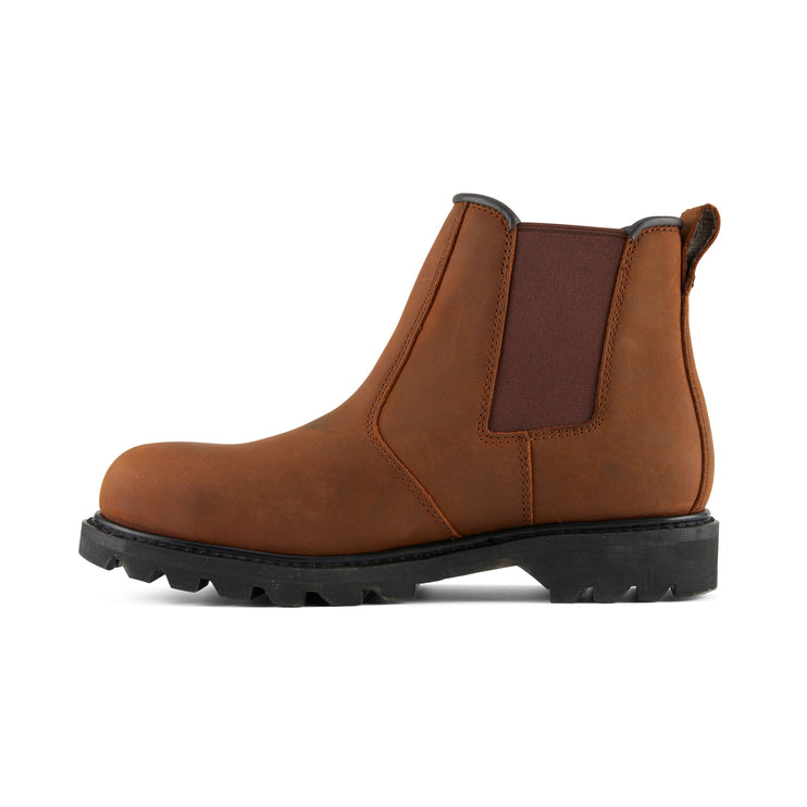 Side view of US Boot Fade Vintage Crazy Horse Steel Toe Chelsea Work Boot, Vintage Crazy Horse leather, oil and slip resistant resoleable outsole, Goodyear welt construction, made in USA