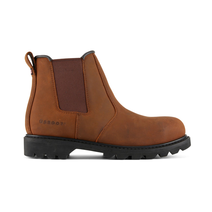 Side view of US Boot Fade Vintage Crazy Horse Steel Toe Chelsea Work Boot, Vintage Crazy Horse leather, oil and slip resistant resoleable outsole, Goodyear welt construction, made in USA