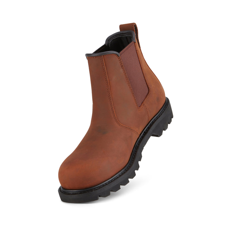 Angled front view of US Boot Fade Vintage Steel Toe Twin Gore Chelsea Boot, Vintage Crazy Horse leather upper, high abrasion resistant black mesh lining, slip-on Chelsea design, electrical hazard rated