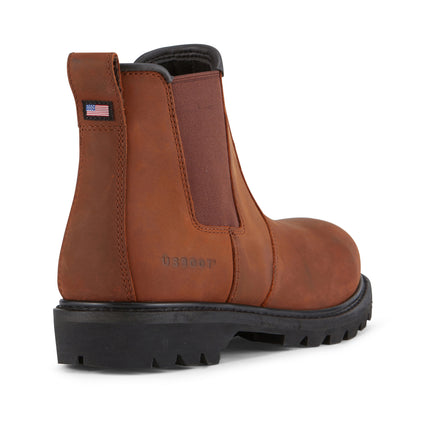 Back view of US Boot Fade Vintage Steel Toe Twin Gore Chelsea Boot, twin gore elastic side panels easy on-off wear, Goodyear welt resoleable construction, made in USA globally sourced components