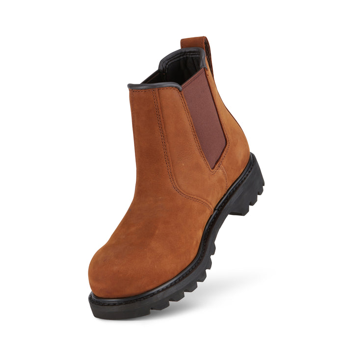 Angled front view of US Boot Fade Shark Steel Toe Chelsea Boot, Shark Brown Crazy Horse leather upper, high abrasion resistant black mesh lining, slip-on Chelsea style, electrical hazard rated