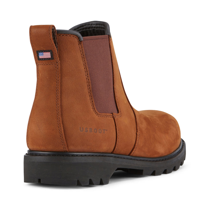 Side view of US Boot Fade Shark Steel Toe Chelsea Work Boot, Shark Brown Crazy Horse leather, Goodyear welt resoleable construction, oil and slip resistant outsole, made in USA globally sourced