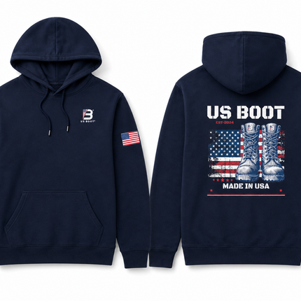 Front and back views of a navy blue pullover hoodie. The front features a kangaroo pocket, a drawstring hood, a small white logo on the left chest, and a small American flag patch on the right sleeve.
