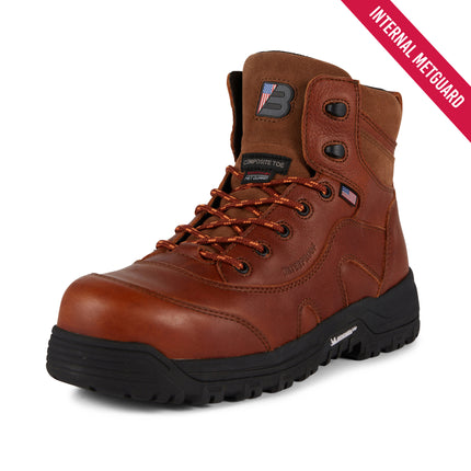 A brown leather safety boot with a black sole, featuring a tongue label that reads 'Safeway' and a red diagonal banner in the top right corner that says 'INTERNAL METGUARD'.