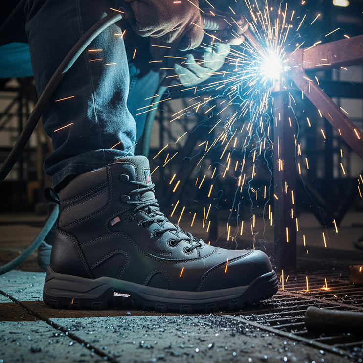 A dark gray high-top work boot with a rugged sole, shown on a person's foot during welding in an industrial setting with bright sparks and a welding helmet visible.