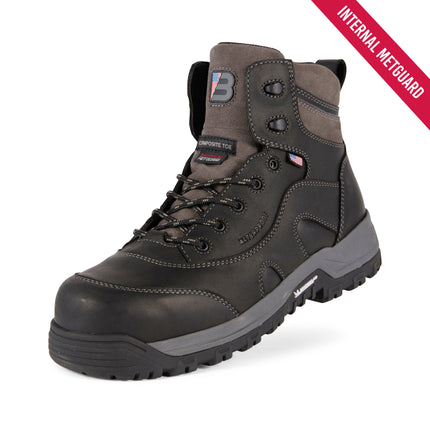 A dark gray and black safety work boot with a lace-up front, protective toe, and a red diagonal banner overlay that reads 'INTERNAL METGUARD'.