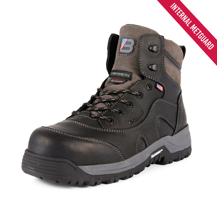 A dark gray and black high-top work boot with a thick black sole, shown from a three-quarters angle on a white background. A red diagonal banner in the top right corner reads 'INTERNAL METGUARD'.