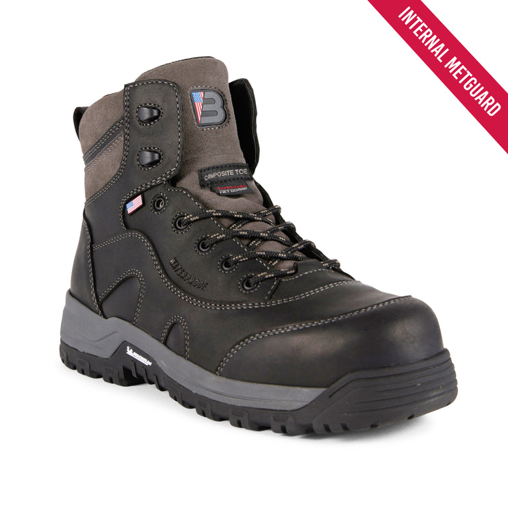 A dark brown and gray safety work boot with a thick black lug sole, shown from a three-quarters angle on a white background. A red diagonal banner in the top right corner reads 'INTERNAL METAGUARD'.