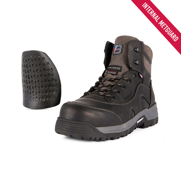 A dark brown and black safety boot shown on a white background with an inset view of its black perforated internal metal guard. A red diagonal banner in the top right corner reads 'INTERNAL METAGUARD'.