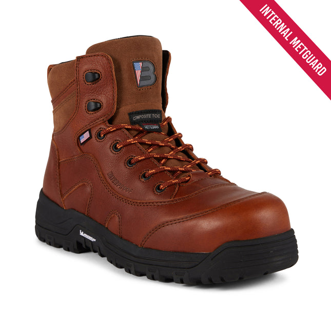 A brown leather safety boot with a black rubber sole and toe bumper, shown from a three-quarters angle on a white background with a red diagonal banner reading 'INTERNAL METGUARD'.