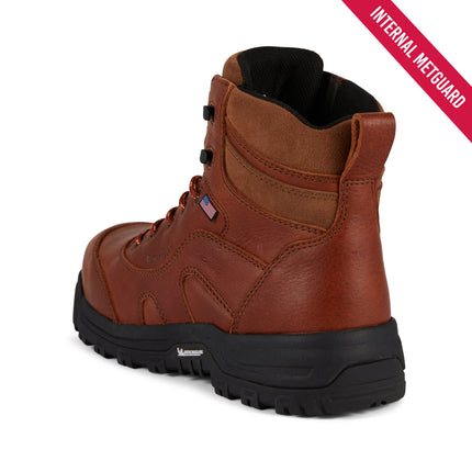 A brown leather high-top work boot with a black sole, shown from a three-quarters angle on a white background. A red diagonal banner in the top right corner reads 'INTERNAL METGUARD'.