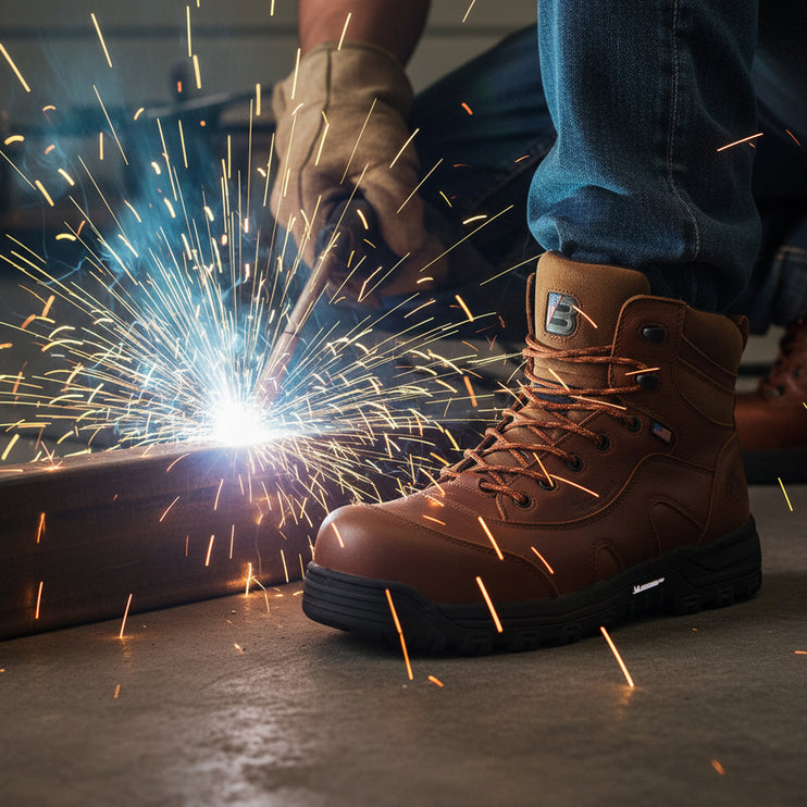 A close-up of a person wearing a brown leather welding boot with tan work gloves, performing welding that creates bright sparks on a metal rail in an industrial setting.