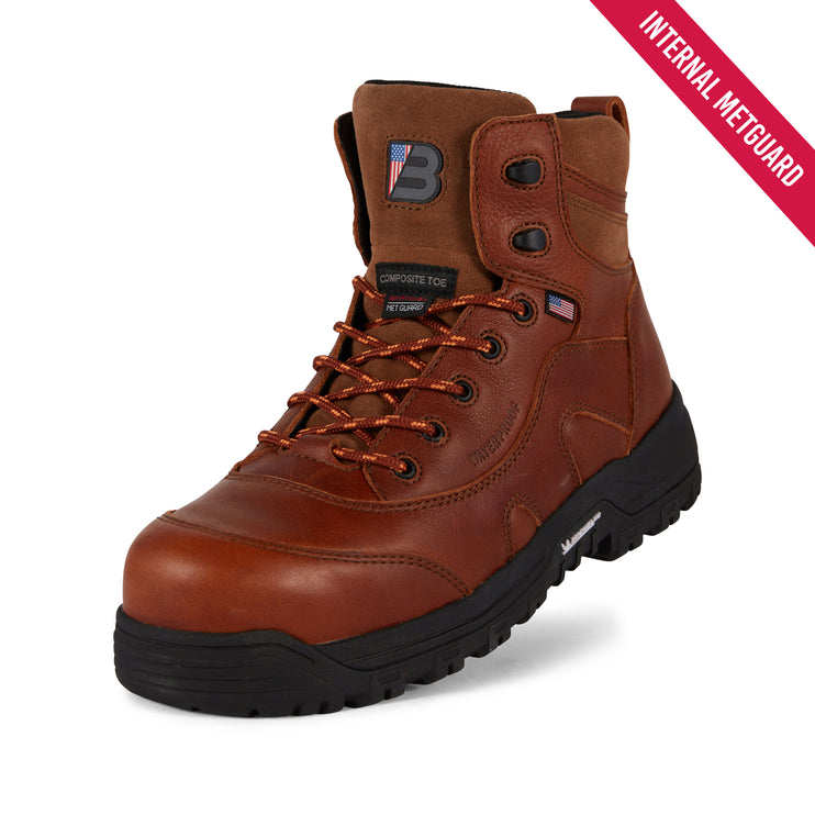 A brown leather safety boot with a black sole, featuring an 'Internal Metguard' label on the tongue and a red diagonal banner in the top right corner.